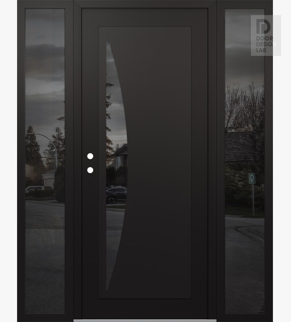 Modern Steel Front Door Diamond C13 60" x 80" black/black mirrored Glass Panel black RHI with 2 Sidelites mirrored Glass