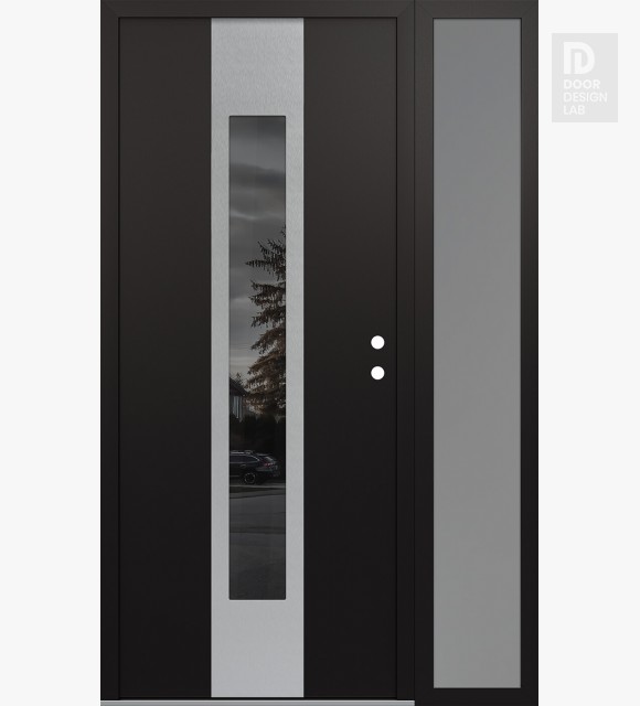 Modern Steel Front Door DIAMOND A1 48" X 80" BLACK/BLACK MIRRORED GLASS PANEL STAINLESS STEEL LHI WITH SIDELITE FROSTED GLASS