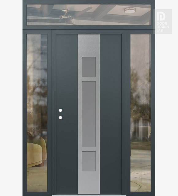 Modern Steel Front Door DIAMOND A9 60" X 96" ANTHRACITE/ANTHRACITE FROSTED GLASS PANEL STAINLESS STEEL RHI WITH 2 SIDELITES AND TRANSOM CLEAR GLASS