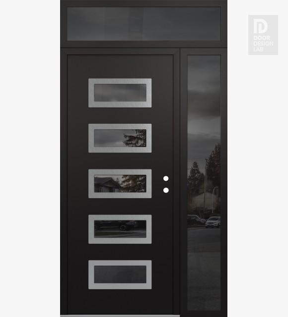 Modern Steel Front Door Diamond D1 52" x 96" black/black mirrored Glass Panel stainless steel LHI with Sidelite and Transom mirrored Glass