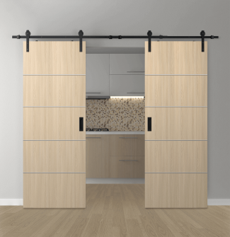 DOUBLE BARN DOOR OPTIMA 4H LOIRE ASH 36" X 80" X 1 3/4" SOLID CORE BLACK HARDWARE