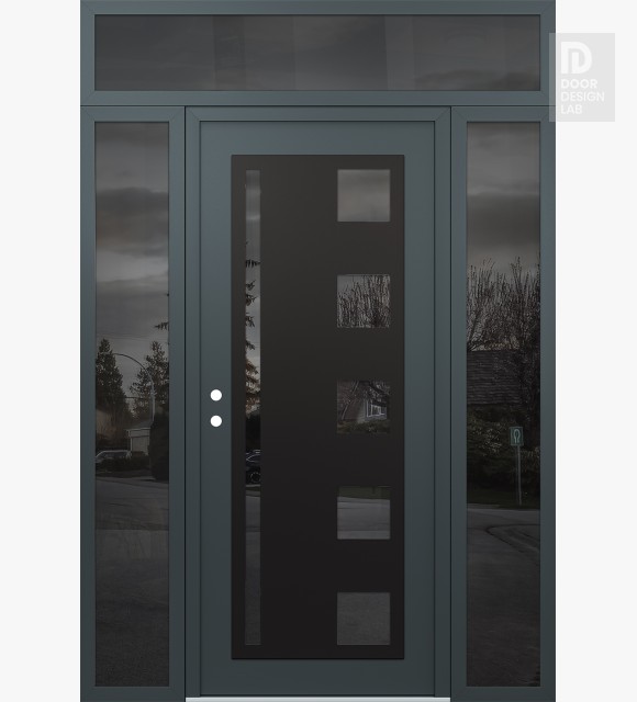 Modern Steel Front Door Diamond C3 64" x 96" anthracite/anthracite mirrored Glass Panel black RHI with 2 Sidelites and Transom mirrored Glass