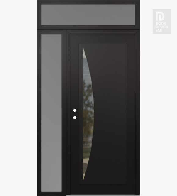 Modern Steel Front Door Diamond C13 50" x 96" black/black clear Glass Panel black RHI with Sidelite and Transom frosted Glass