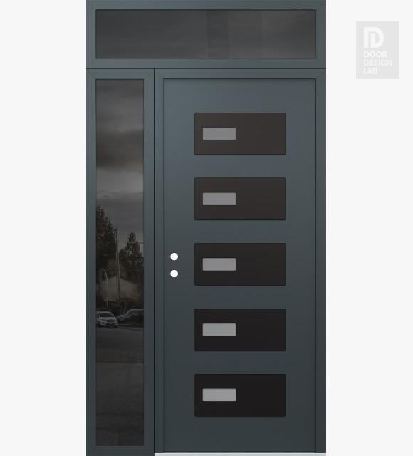 Modern Steel Front Door Diamond D7 48" x 96" anthracite/anthracite frosted Glass Panel black RHI with Sidelite and Transom mirrored Glass