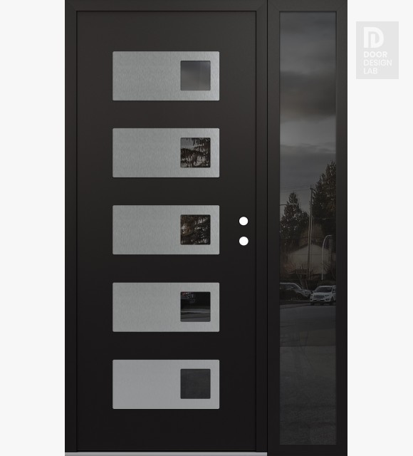 Modern Steel Front Door Diamond D2 48" x 80" black/black mirrored Glass Panel stainless steel LHI with Sidelite mirrored Glass