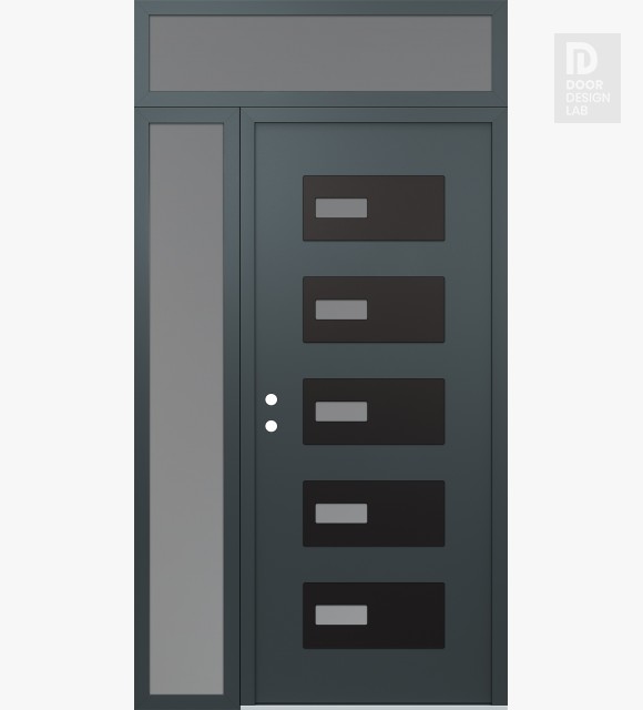 Modern Steel Front Door Diamond D7 52" x 96" anthracite/anthracite frosted Glass Panel black RHI with Sidelite and Transom frosted Glass