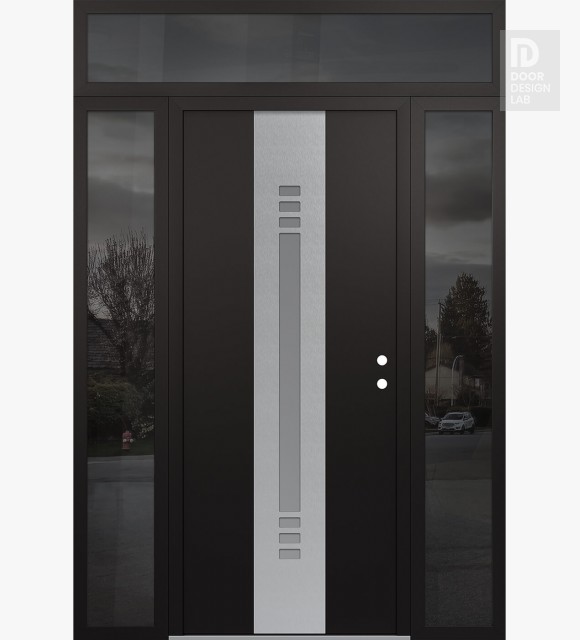 Modern Steel Front Door DIAMOND A5 68" X 96" BLACK/WHITE FROSTED GLASS PANEL STAINLESS STEEL LHI WITH 2 SIDELITES AND TRANSOM MIRRORED GLASS