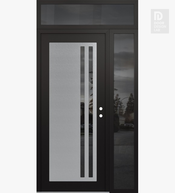 Modern Steel Front Door Diamond C6 50" x 96" black/black mirrored Glass Panel stainless steel LHI with Sidelite and Transom mirrored Glass