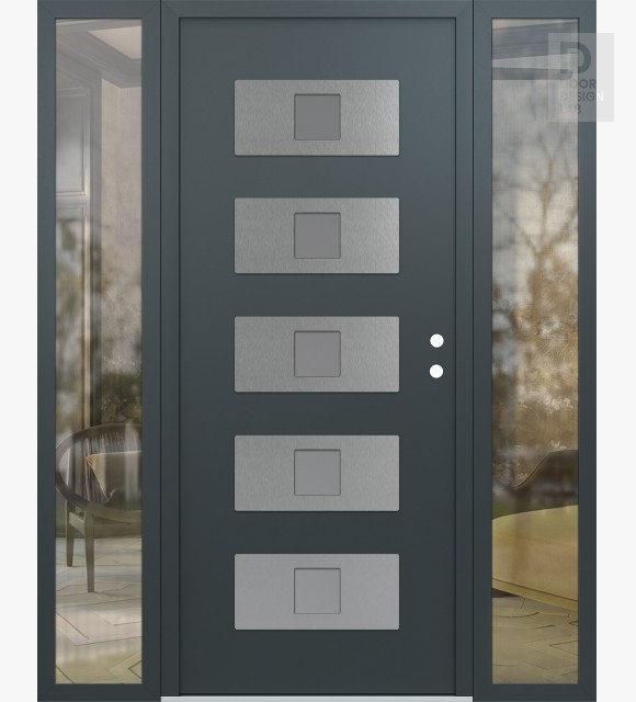 Modern Steel Front Door Diamond D8 68" x 80" anthracite/anthracite frosted Glass Panel stainless steel LHI with 2 Sidelites clear Glass