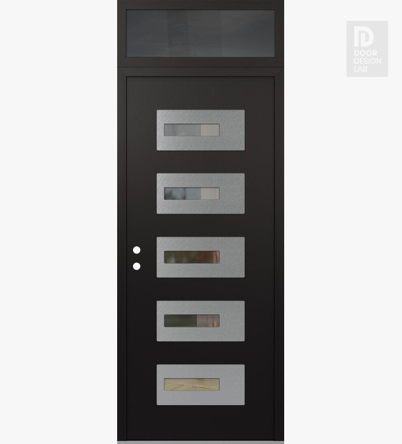 Modern Steel Front Door Diamond D6 36" x 96" black/black clear Glass Panel stainless steel RHI with Transom mirrored Glass