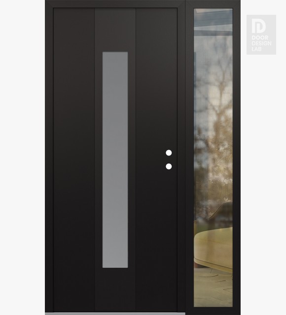 Modern Steel Front Door DIAMOND A1 48" X 80" BLACK/WHITE FROSTED GLASS PANEL BLACK LHI WITH SIDELITE CLEAR GLASS