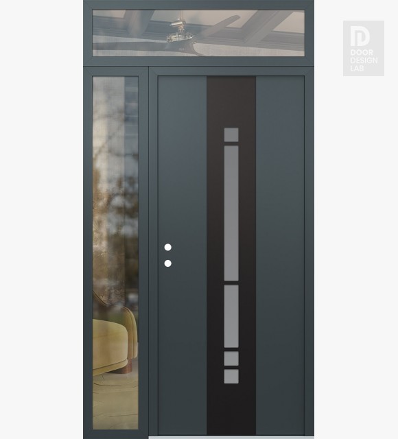Modern Steel Front Door DIAMOND A3 50" X 96" ANTHRACITE/ANTHRACITE FROSTED GLASS PANEL BLACK RHI WITH SIDELITE AND TRANSOM CLEAR GLASS