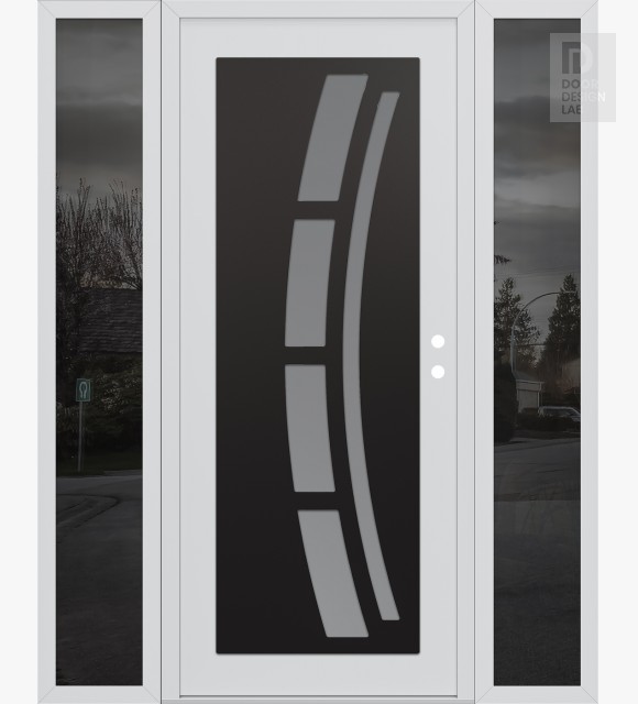 Modern Steel Front Door Diamond C12 64" x 80" white/white frosted Glass Panel black LHI with 2 Sidelites mirrored Glass