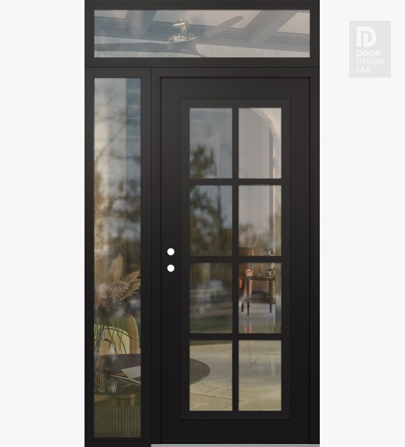 Modern Steel Front Door Diamond C16 50" x 96" black/black clear Glass Panel black RHI with Sidelite and Transom clear Glass