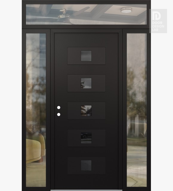 Modern Steel Front Door Diamond D8 60" x 96" black/black mirrored Glass Panel black RHI with 2 Sidelites and Transom clear Glass