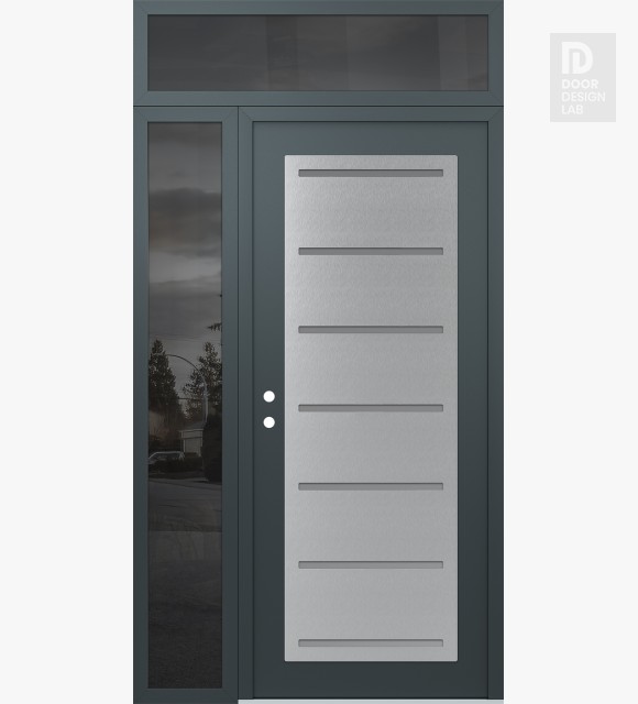 Modern Steel Front Door Diamond C11 52" x 96" anthracite/anthracite frosted Glass Panel stainless steel RHI with Sidelite and Transom mirrored Glass