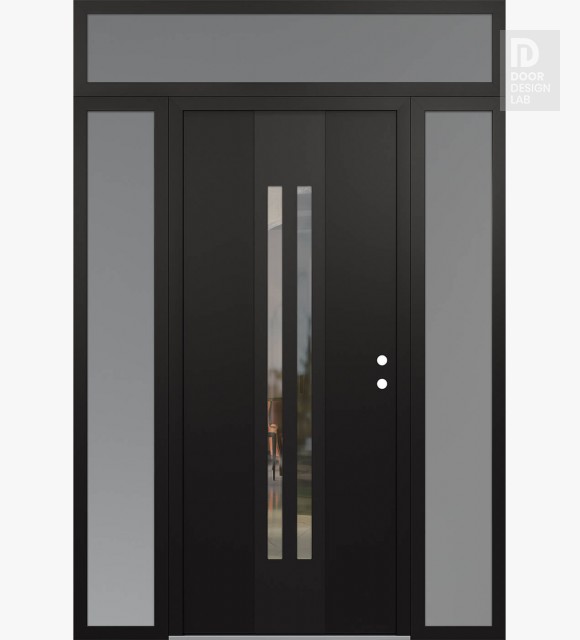 Modern Steel Front Door DIAMOND A8 64" X 96" BLACK/BLACK CLEAR GLASS PANEL BLACK LHI WITH 2 SIDELITES AND TRANSOM FROSTED GLASS