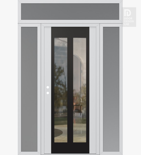 Modern Steel Front Door Diamond C14 68" x 96" white/white clear Glass Panel black RHI with 2 Sidelites and Transom frosted Glass