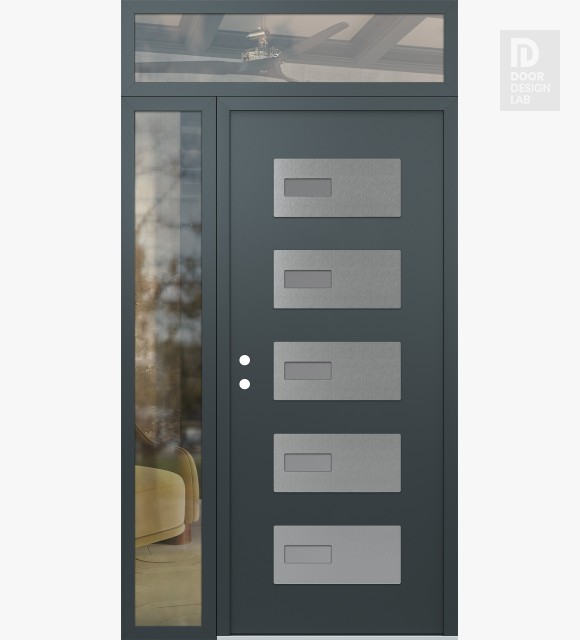 Modern Steel Front Door Diamond D7 52" x 96" anthracite/anthracite frosted Glass Panel stainless steel RHI with Sidelite and Transom clear Glass