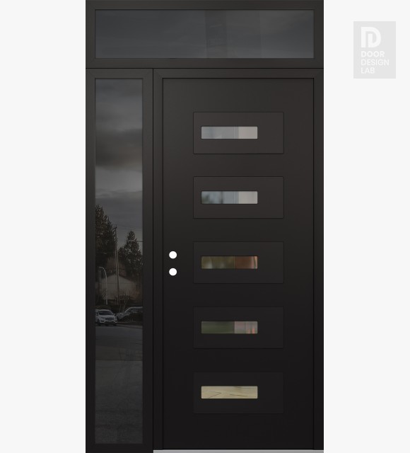 Modern Steel Front Door Diamond D6 50" x 96" black/black clear Glass Panel black RHI with Sidelite and Transom mirrored Glass