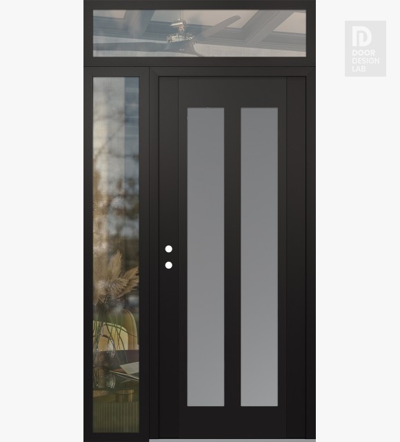 Modern Steel Front Door Diamond C14 50" x 96" black/white frosted Glass Panel black RHI with Sidelite and Transom clear Glass