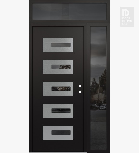 Modern Steel Front Door Diamond D6 48" x 96" black/black mirrored Glass Panel stainless steel LHI with Sidelite and Transom mirrored Glass
