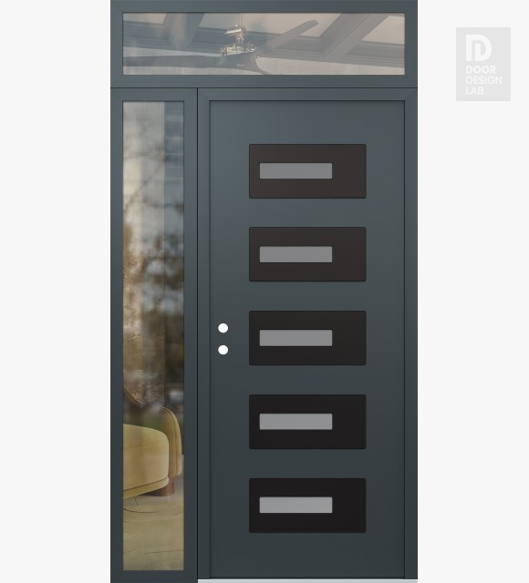 Modern Steel Front Door Diamond D6 52" x 96" anthracite/anthracite frosted Glass Panel black RHI with Sidelite and Transom clear Glass