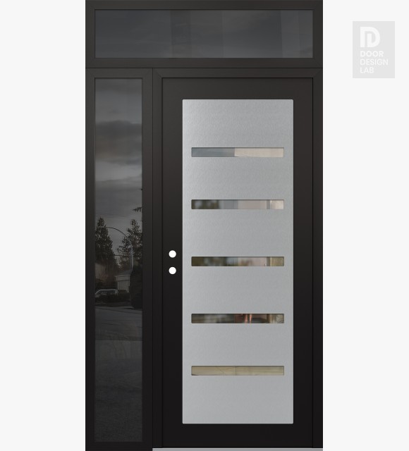 Modern Steel Front Door Diamond C7 50" x 96" black/black clear Glass Panel stainless steel RHI with Sidelite and Transom mirrored Glass