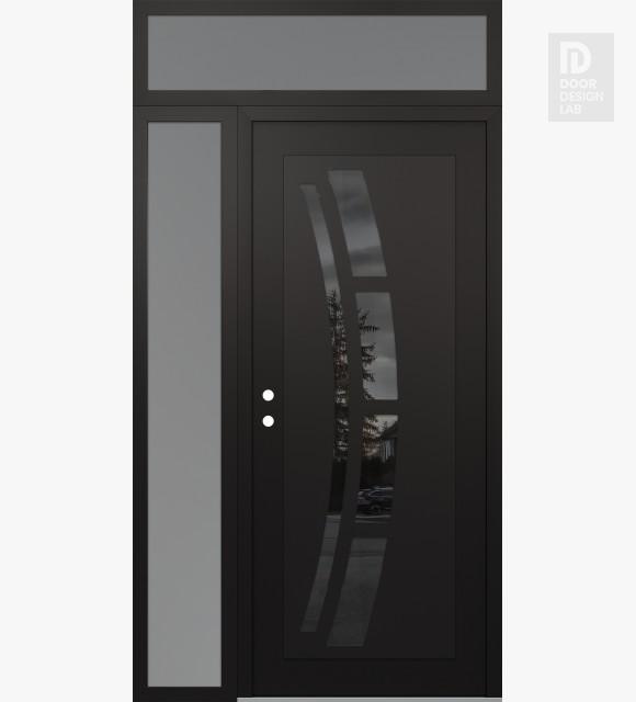 Modern Steel Front Door Diamond C12 52" x 96" black/black mirrored Glass Panel black RHI with Sidelite and Transom frosted Glass