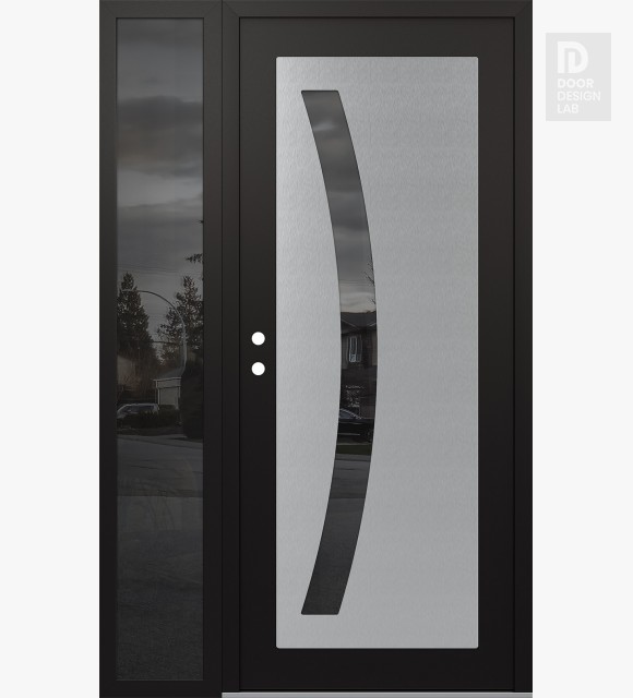 Modern Steel Front Door Diamond C4 50" x 80" black/black mirrored Glass Panel stainless steel RHI with Sidelite mirrored Glass