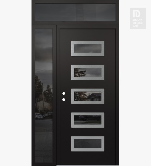 Modern Steel Front Door Diamond D1 48" x 96" black/black mirrored Glass Panel stainless steel RHI with Sidelite and Transom mirrored Glass