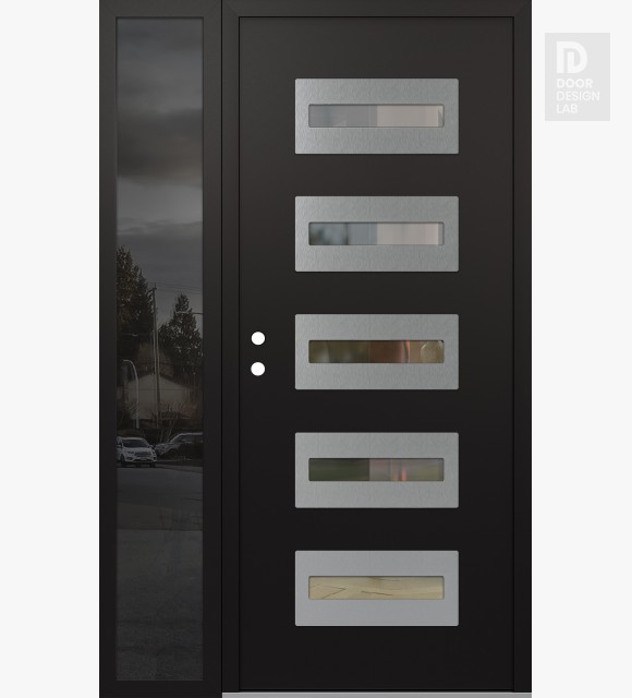 Modern Steel Front Door Diamond D4 50" x 80" black/black clear Glass Panel stainless steel RHI with Sidelite mirrored Glass
