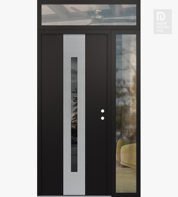 Modern Steel Front Door DIAMOND A2 52" X 96" BLACK/BLACK MIRRORED GLASS PANEL STAINLESS STEEL LHI WITH SIDELITE AND TRANSOM CLEAR GLASS