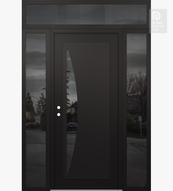 Modern Steel Front Door Diamond C13 64" x 96" black/black mirrored Glass Panel black RHI with 2 Sidelites and Transom mirrored Glass