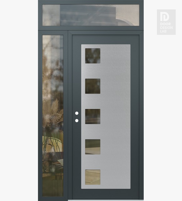 Modern Steel Front Door Diamond C5 52" x 96" anthracite/anthracite clear Glass Panel stainless steel RHI with Sidelite and Transom clear Glass