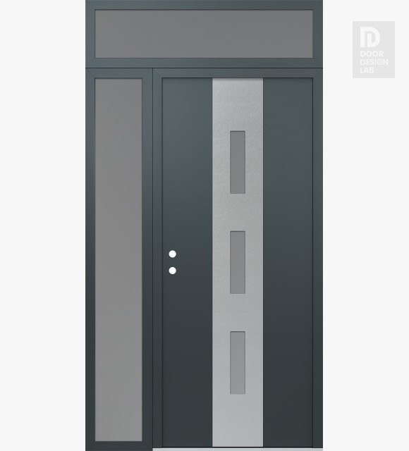 Modern Steel Front Door DIAMOND A7 48" X 96" ANTHRACITE/ANTHRACITE FROSTED GLASS PANEL STAINLESS STEEL RHI WITH SIDELITE AND TRANSOM FROSTED GLASS