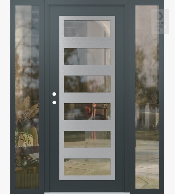 Modern Steel Front Door Diamond C9 64" x 80" anthracite/anthracite clear Glass Panel stainless steel RHI with 2 Sidelites clear Glass