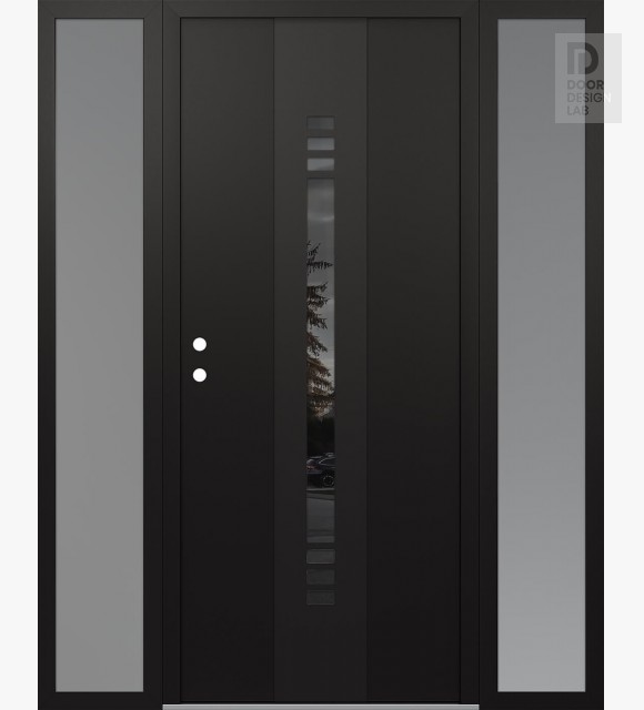 Modern Steel Front Door DIAMOND A5 60" X 80" BLACK/BLACK MIRRORED GLASS PANEL BLACK RHI WITH 2 SIDELITES FROSTED GLASS