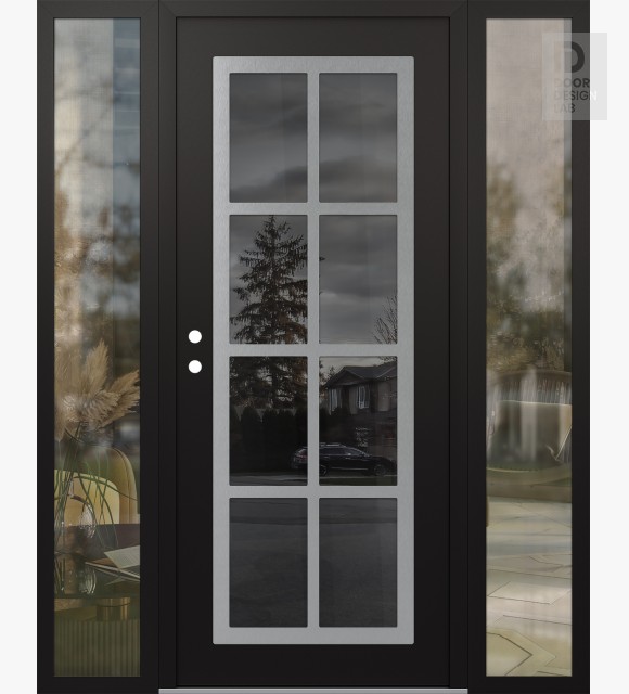Modern Steel Front Door Diamond C16 60" x 80" black/black mirrored Glass Panel stainless steel RHI with 2 Sidelites clear Glass