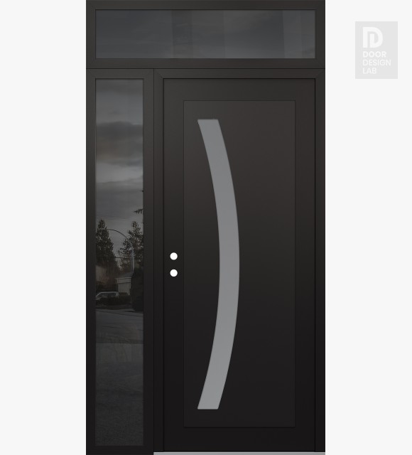 Modern Steel Front Door Diamond C4 48" x 96" black/white frosted Glass Panel black RHI with Sidelite and Transom mirrored Glass