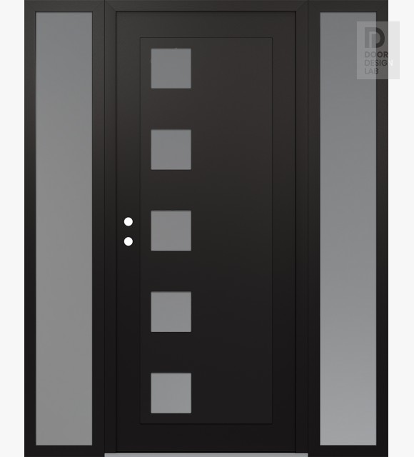 Modern Steel Front Door Diamond C5 68" x 80" black/white frosted Glass Panel black RHI with 2 Sidelites frosted Glass