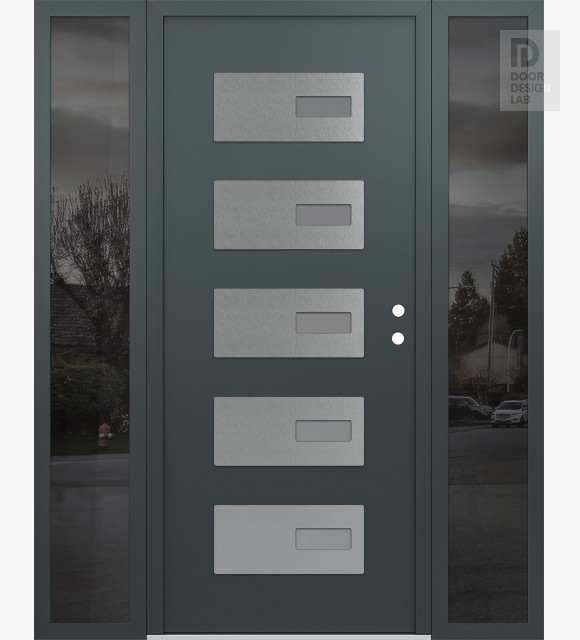 Modern Steel Front Door Diamond D7 60" x 80" anthracite/anthracite frosted Glass Panel stainless steel LHI with 2 Sidelites mirrored Glass