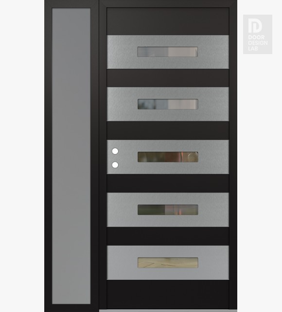 Modern Steel Front Door Diamond D9 50" x 80" black/black clear Glass Panel stainless steel RHI with Sidelite frosted Glass