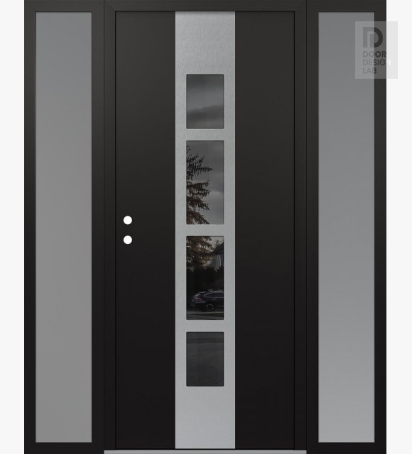 Modern Steel Front Door DIAMOND A10 68" X 80" BLACK/BLACK MIRRORED GLASS PANEL STAINLESS STEEL RHI WITH 2 SIDELITES FROSTED GLASS