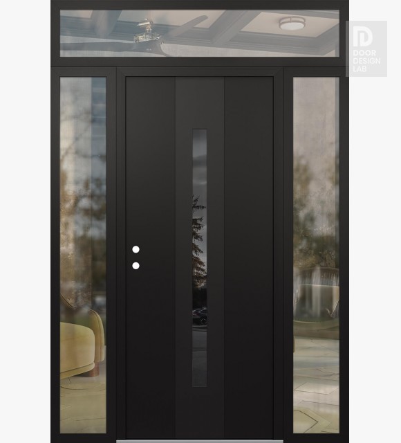 Modern Steel Front Door DIAMOND A2 68" X 96" BLACK/BLACK MIRRORED GLASS PANEL BLACK RHI WITH 2 SIDELITES AND TRANSOM CLEAR GLASS