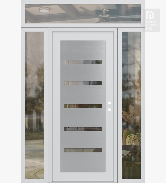 Modern Steel Front Door Diamond C7 60" x 96" white/white clear Glass Panel stainless steel LHI with 2 Sidelites and Transom clear Glass