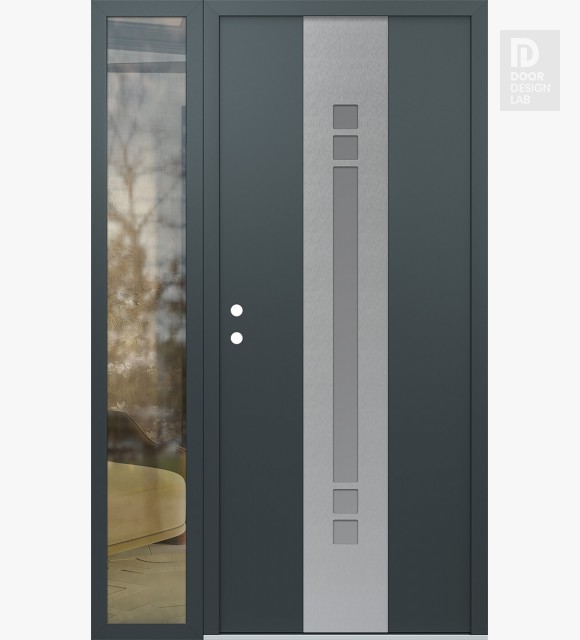 Modern Steel Front Door DIAMOND A4 52" X 80" ANTHRACITE/ANTHRACITE FROSTED GLASS PANEL STAINLESS STEEL RHI WITH SIDELITE CLEAR GLASS