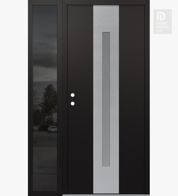 Modern Steel Front Door DIAMOND A2 50" X 80" BLACK/WHITE FROSTED GLASS PANEL STAINLESS STEEL RHI WITH SIDELITE MIRRORED GLASS
