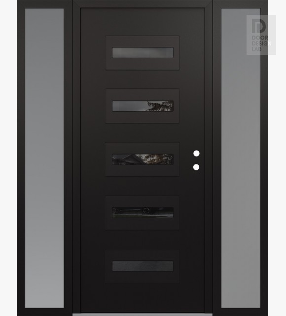 Modern Steel Front Door Diamond D4 64" x 80" black/black mirrored Glass Panel black LHI with 2 Sidelites frosted Glass