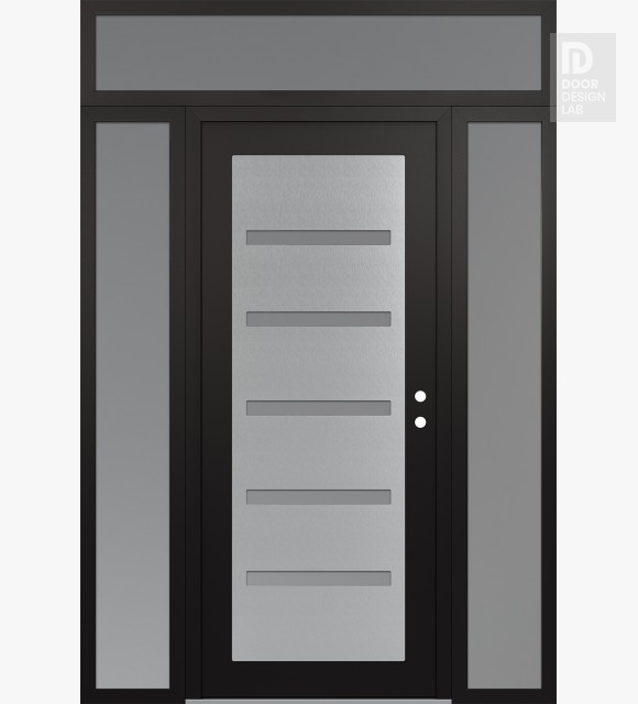 Modern Steel Front Door Diamond C7 68" x 96" black/white frosted Glass Panel stainless steel LHI with 2 Sidelites and Transom frosted Glass